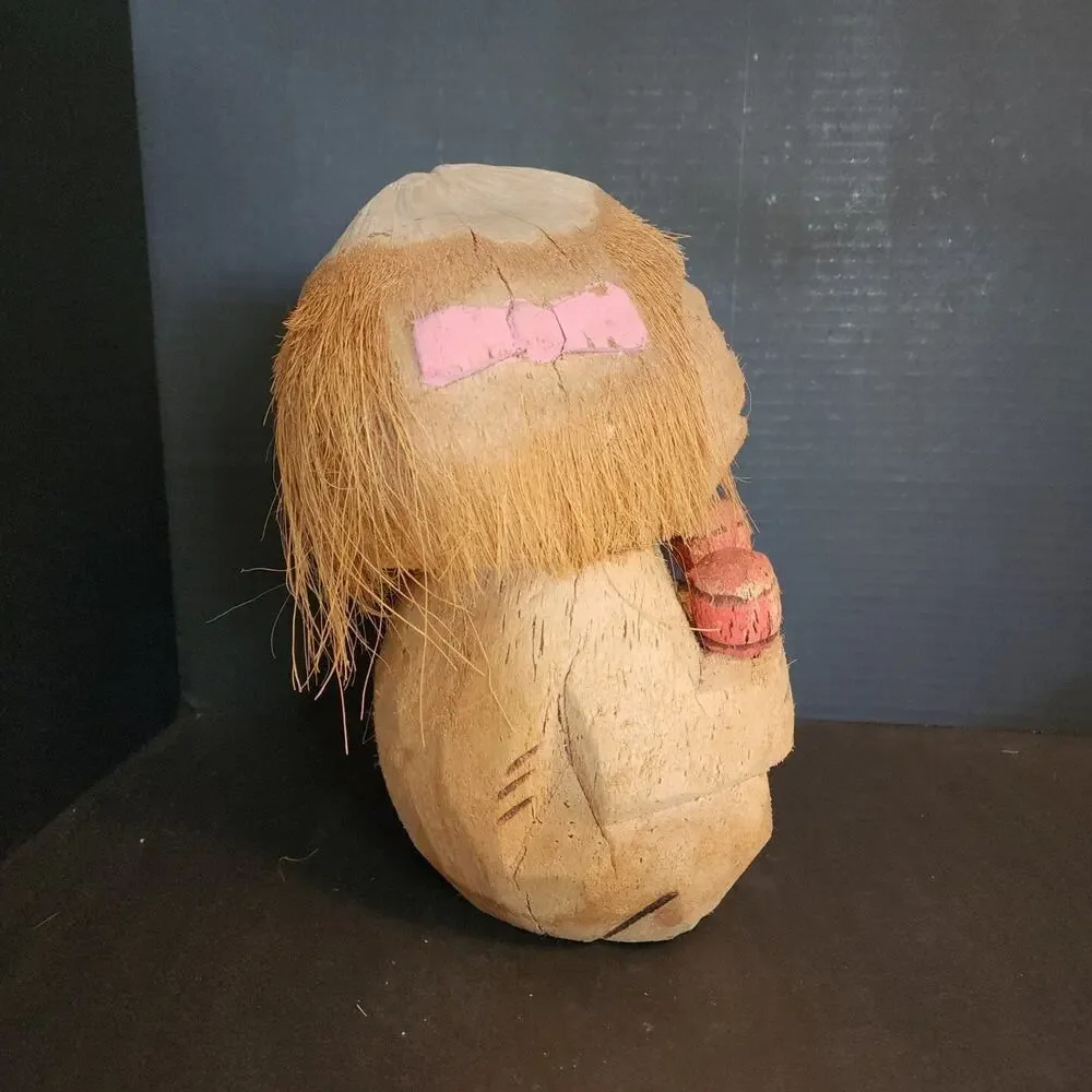 Vintage Carved Coconut, Figure Holding Maracas, Folk Art, Tiki Bar